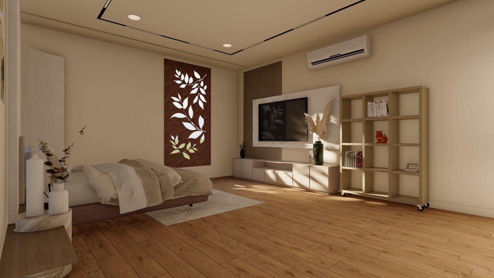 Contemporary living room with display shelving