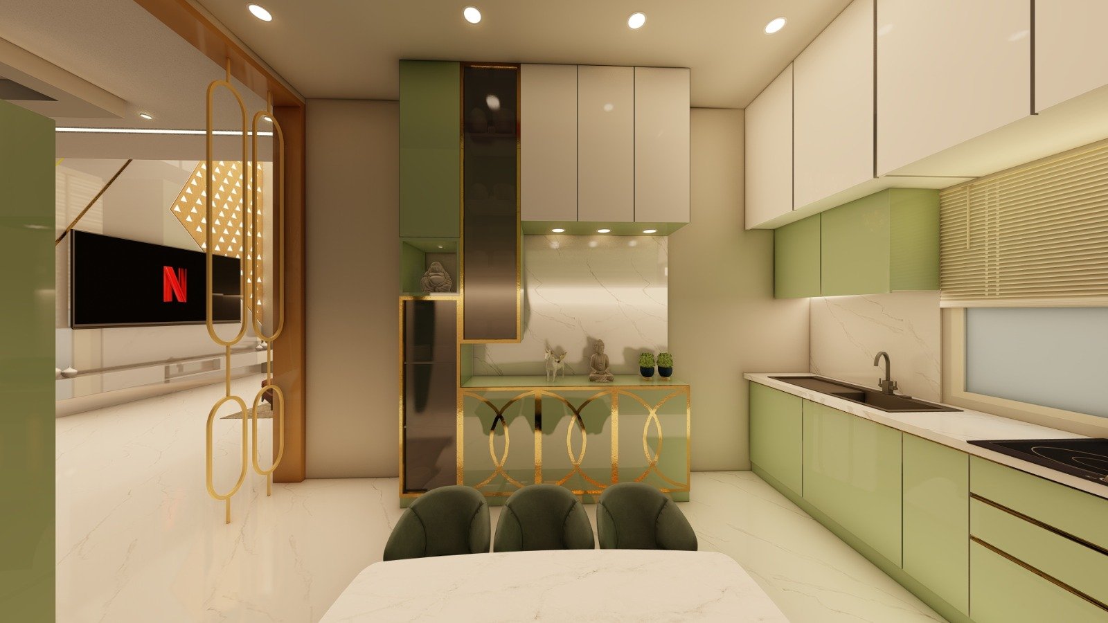 Modern green and white modular kitchen
