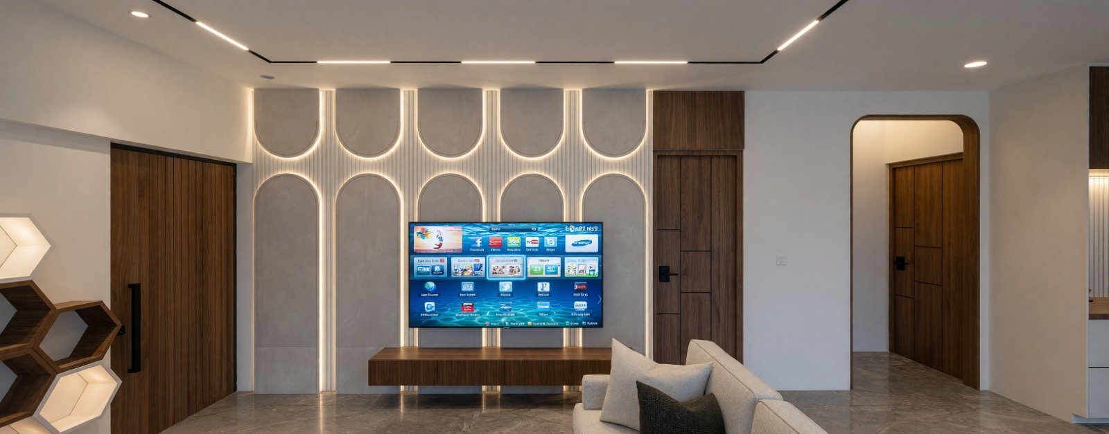 Modern kitchen with marble backsplash