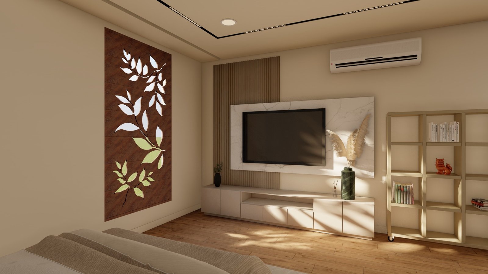 Luxury modern living room interior with warm wood and TV wall