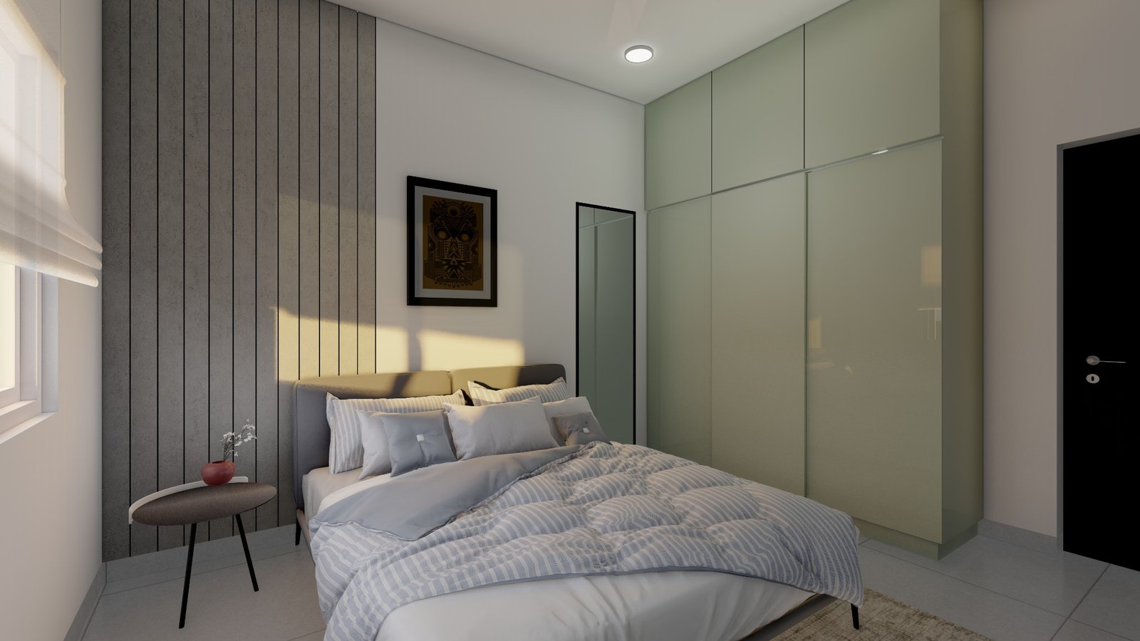Modern master bedroom with fluted feature wall and glass wardrobe