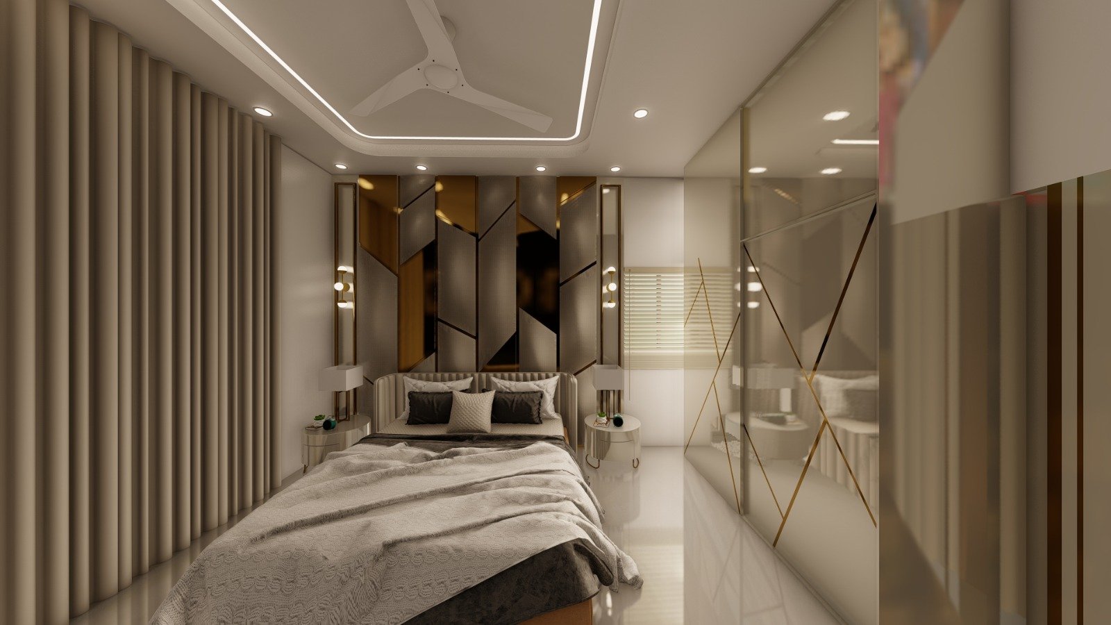 Soft neutral bedroom interior with built-in storage