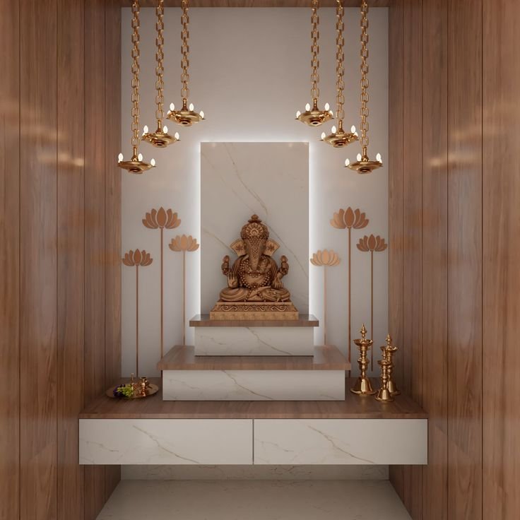 Traditional pooja room interior with warm wood detailing