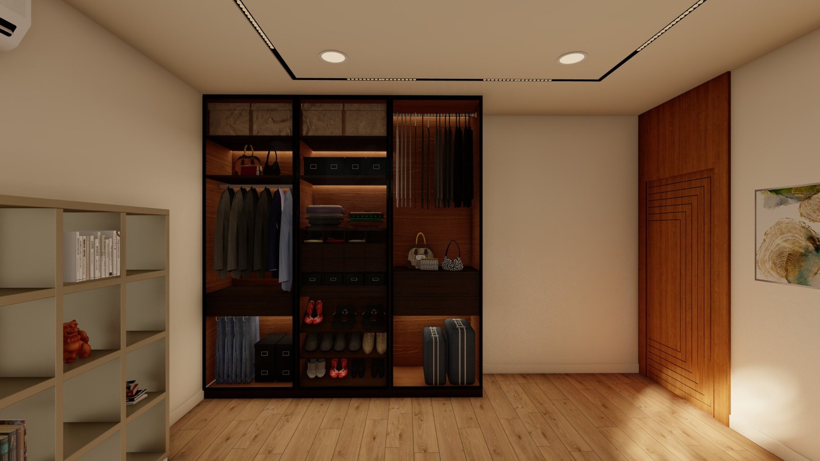 Walk-in wardrobe with custom wood storage