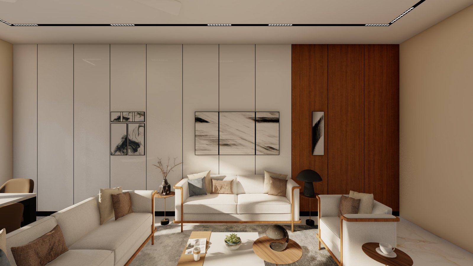 Warm bedroom with wood-panel feature wall
